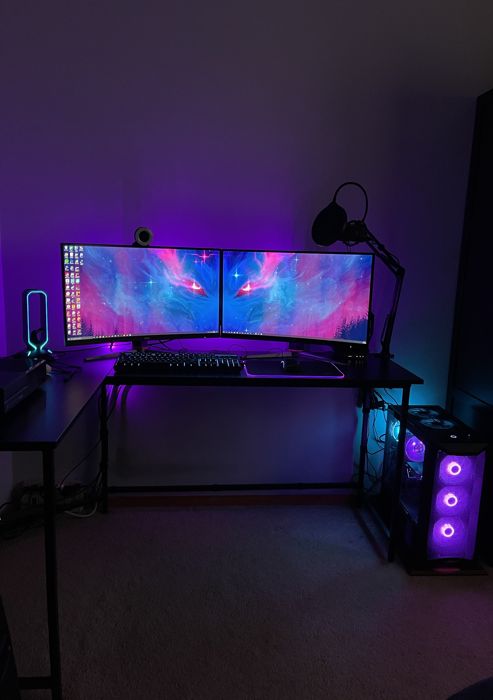 Complete battlestation with dual monitors and RGB tower